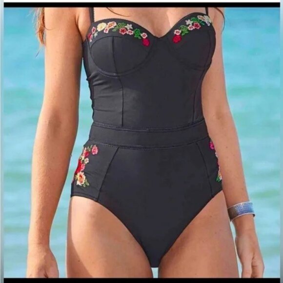 Johnny Was Other - Johnny Was Haley Corset Black Floral Embroidered One Piece Swimsuit - Size Large